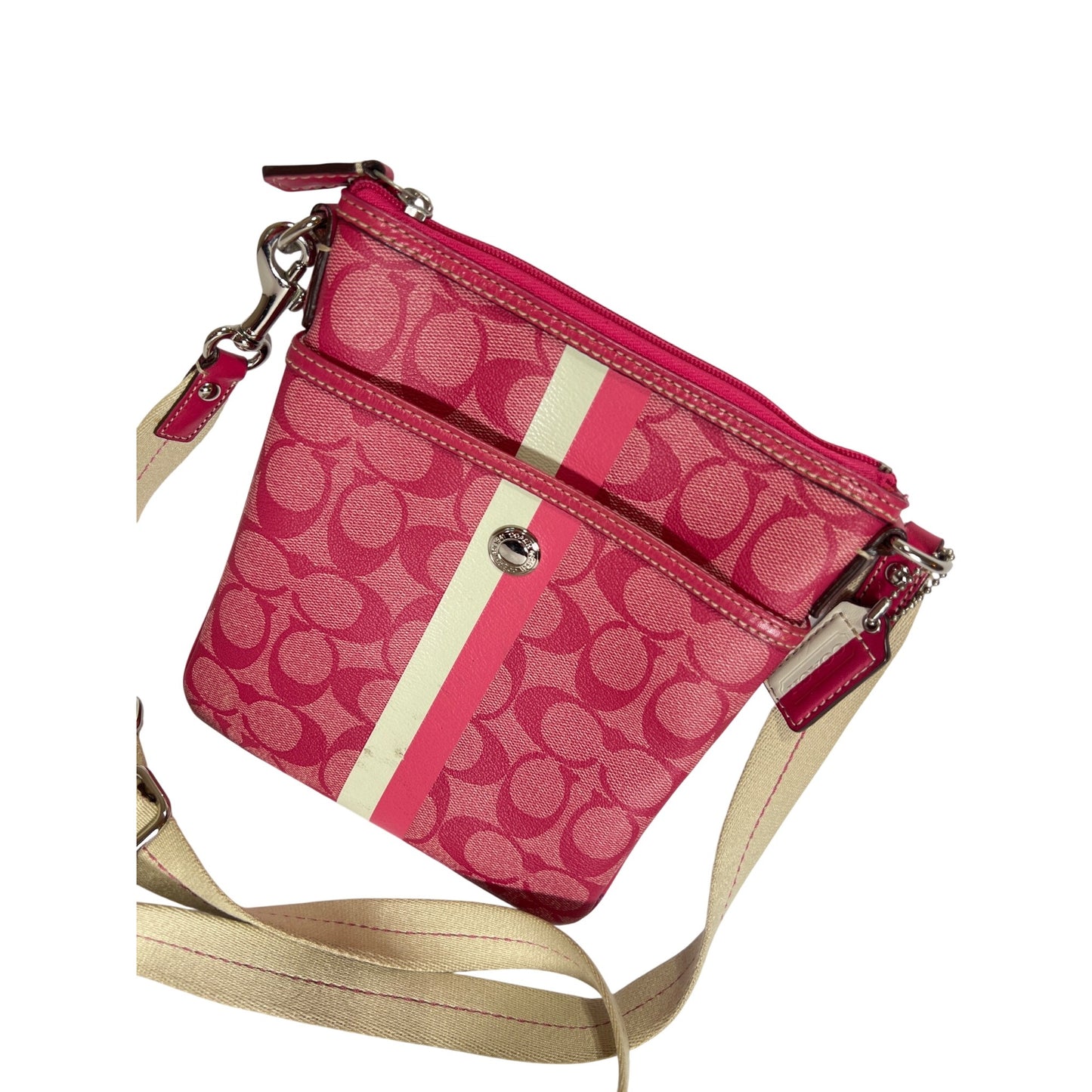 Coach Signature Stripe Pink Coated Canvas Crossbody Swingpack Bag
