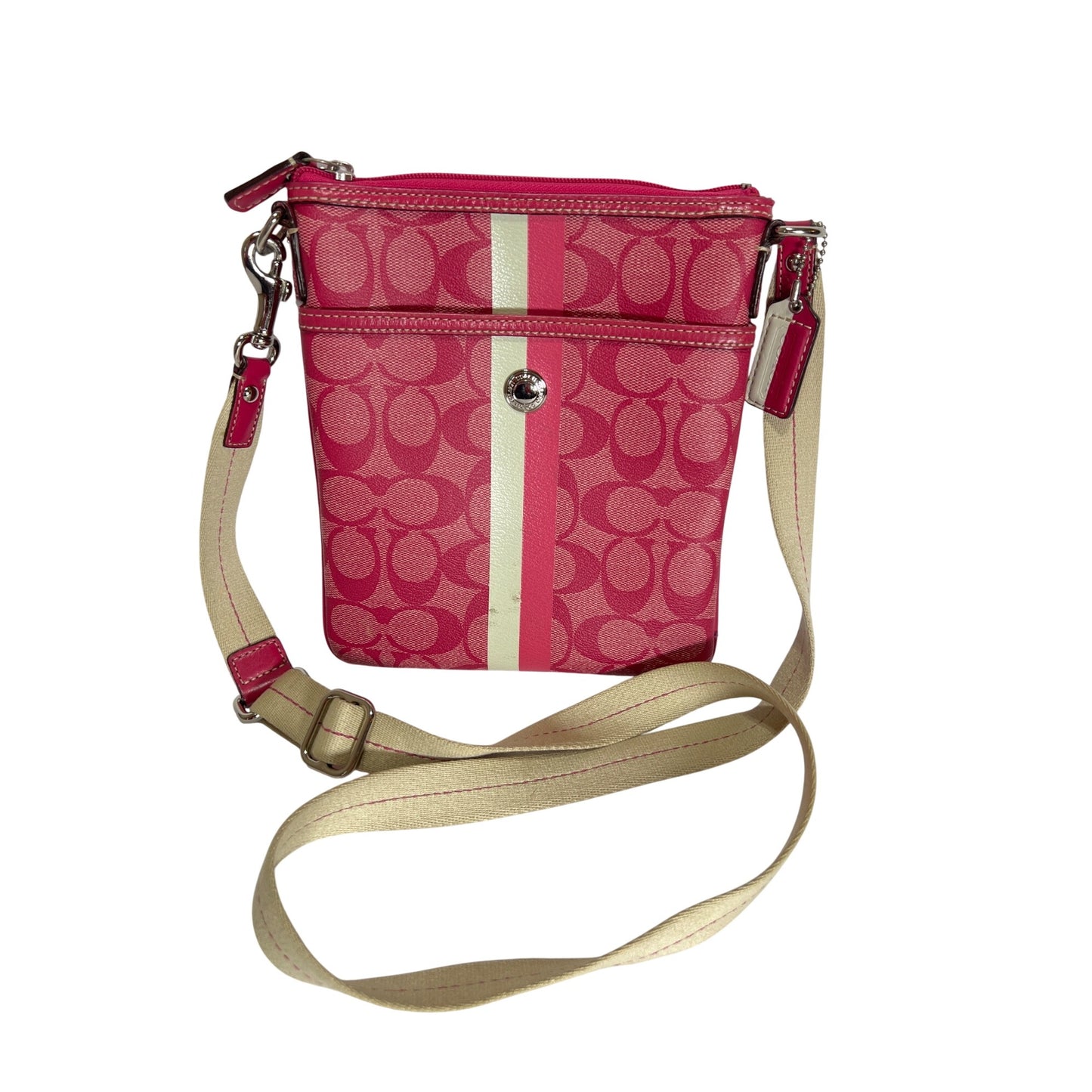 Coach Signature Stripe Pink Coated Canvas Crossbody Swingpack Bag
