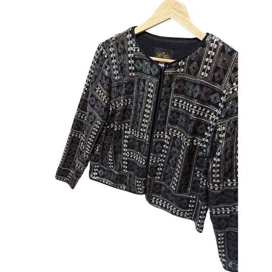 Bob Mackie Wearable Art Sequin Embellished Jacket Size 8 Black Metallic Geometric Pattern