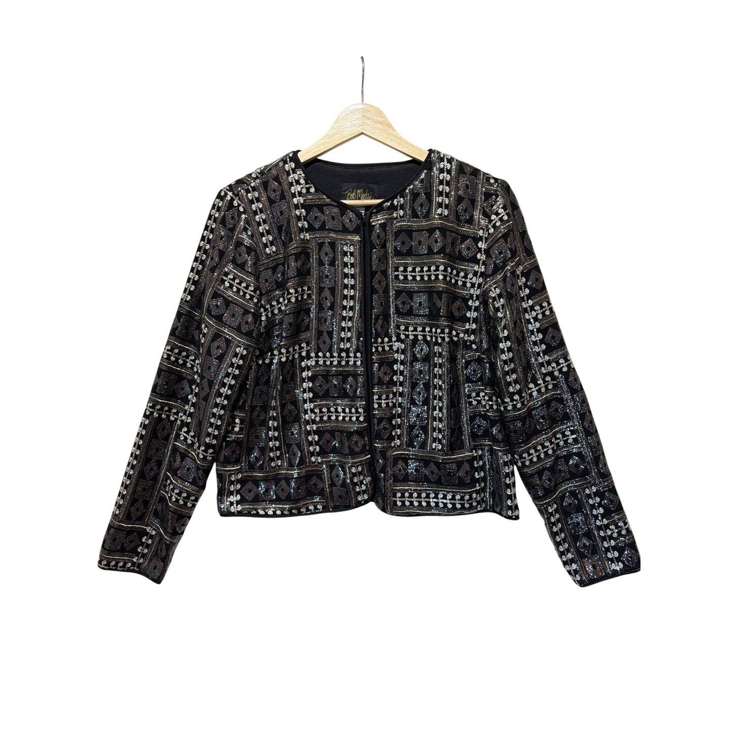 Bob Mackie Wearable Art Sequin Embellished Jacket Size 8 Black Metallic Geometric Pattern
