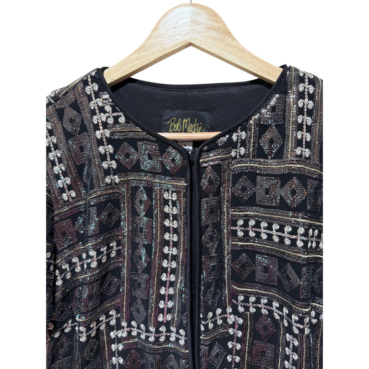 Bob Mackie Wearable Art Sequin Embellished Jacket Size 8 Black Metallic Geometric Pattern