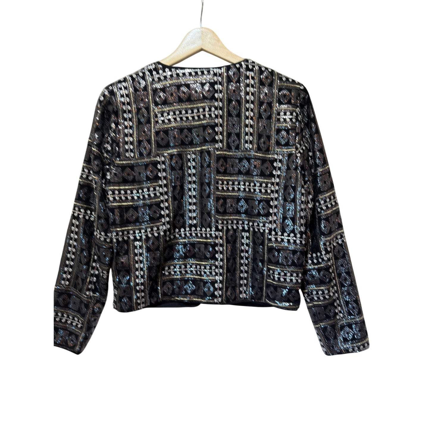 Bob Mackie Wearable Art Sequin Embellished Jacket Size 8 Black Metallic Geometric Pattern