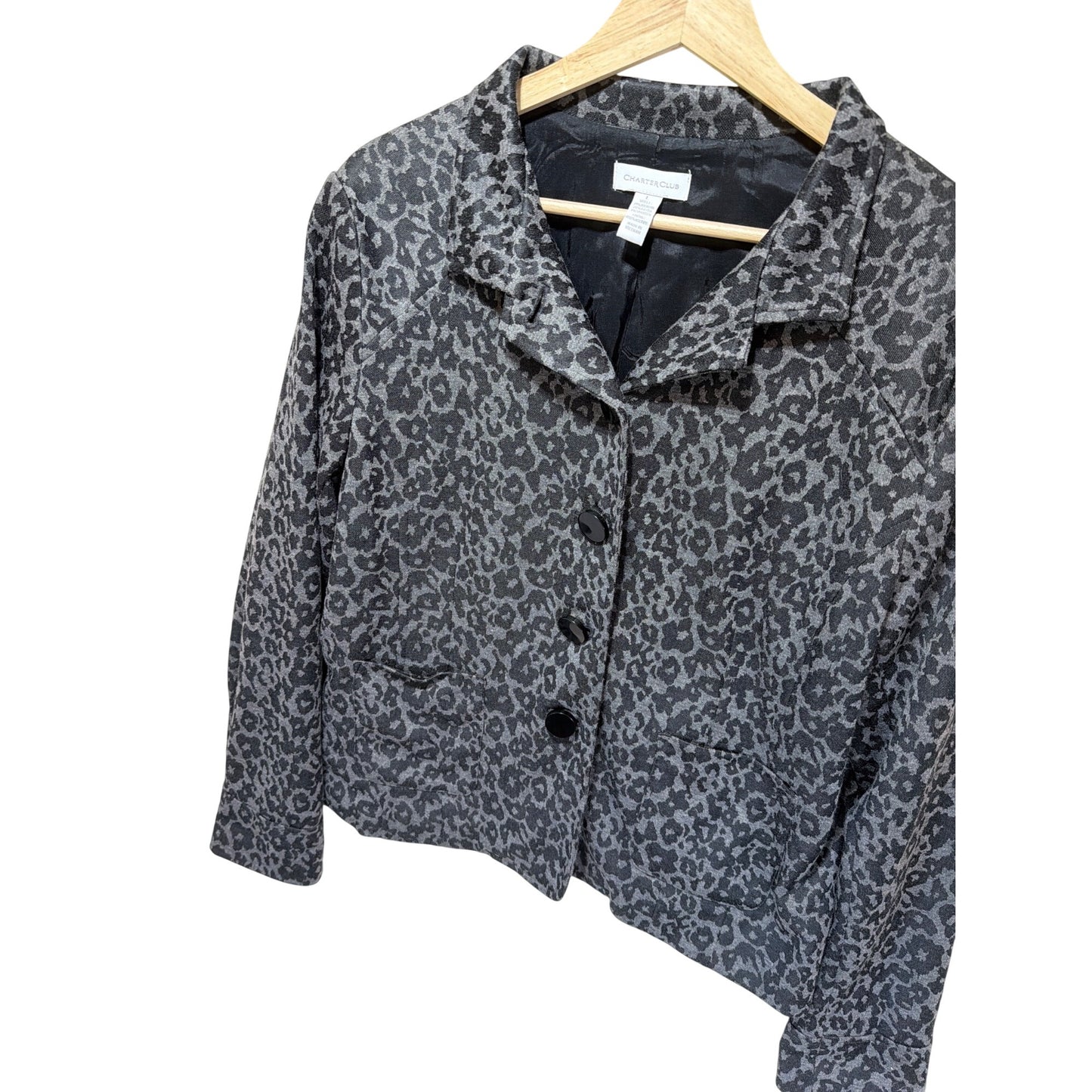 Charter Club Gray Leopard Print Knit Blend Button-Front Jacket With Pockets - Womens Large
