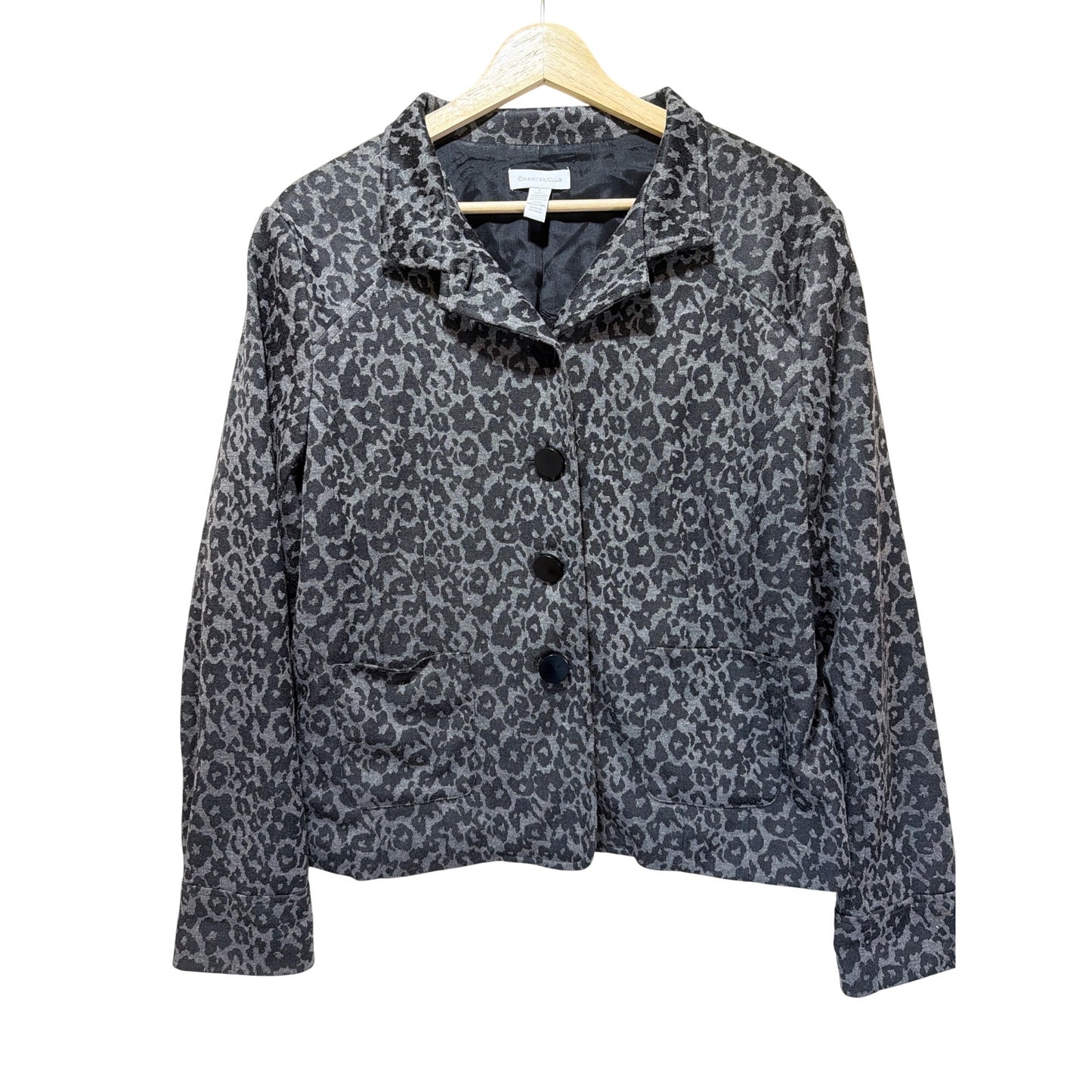 Charter Club Gray Leopard Print Knit Blend Button-Front Jacket With Pockets - Womens Large