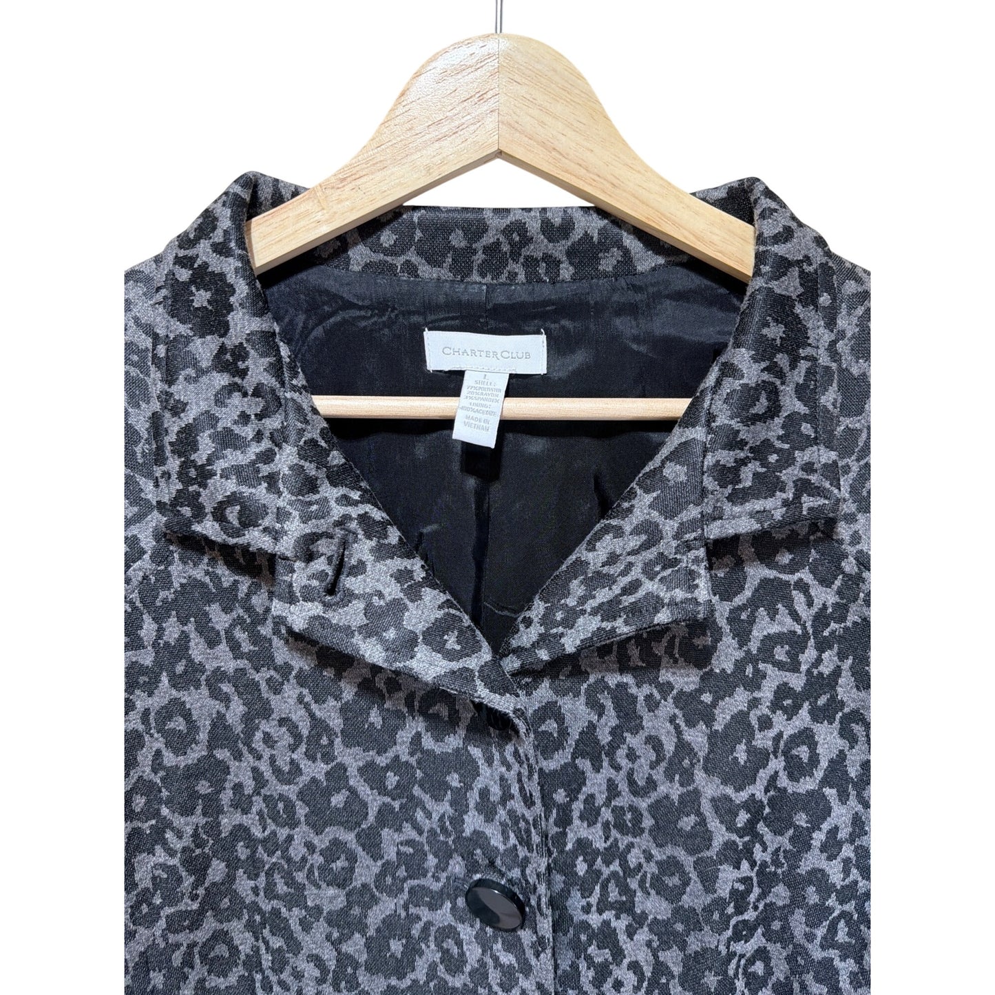 Charter Club Gray Leopard Print Knit Blend Button-Front Jacket With Pockets - Womens Large