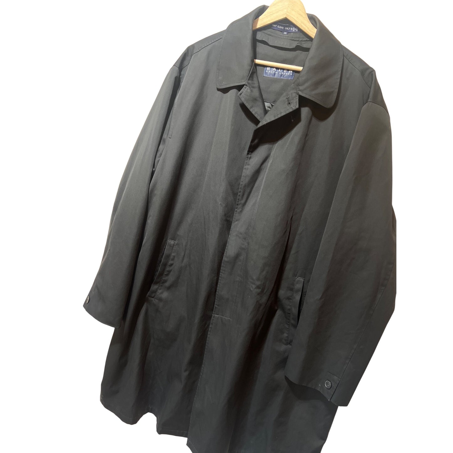 Ralph by Ralph Lauren Mens Black Trench Coat With Tartan Plaid Wool Removable Liner Quilted Interior And Button Cuffs Vintage 90s