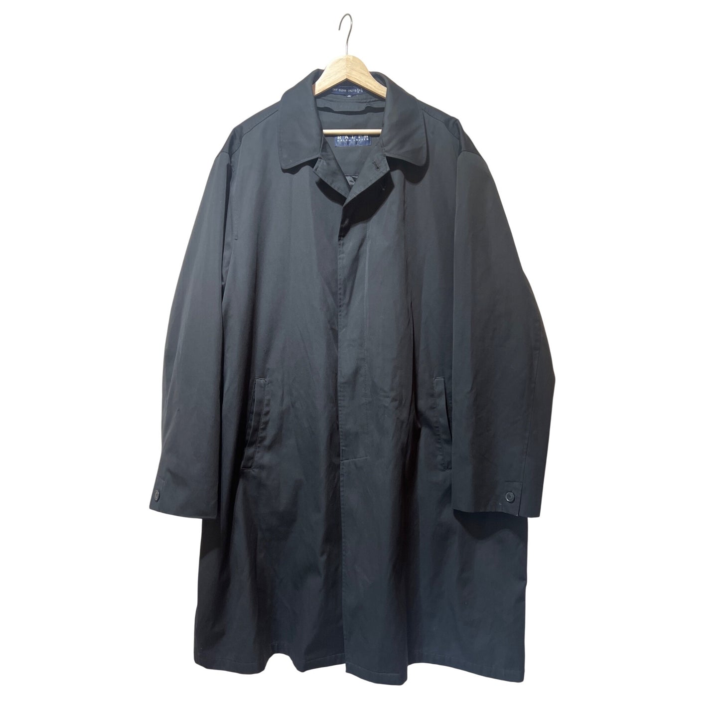 Ralph by Ralph Lauren Mens Black Trench Coat With Tartan Plaid Wool Removable Liner Quilted Interior And Button Cuffs Vintage 90s