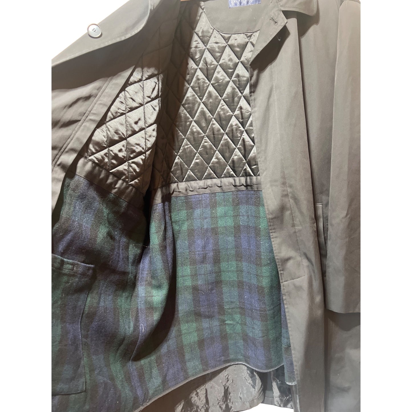 Ralph by Ralph Lauren Mens Black Trench Coat With Tartan Plaid Wool Removable Liner Quilted Interior And Button Cuffs Vintage 90s