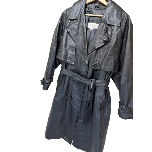 Comint Vintage 80s Belted Long Black Leather Trench Coat L Double Breasted