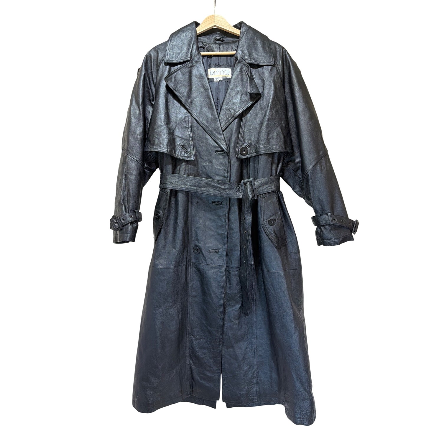 Comint Vintage 80s Belted Long Black Leather Trench Coat L Double Breasted