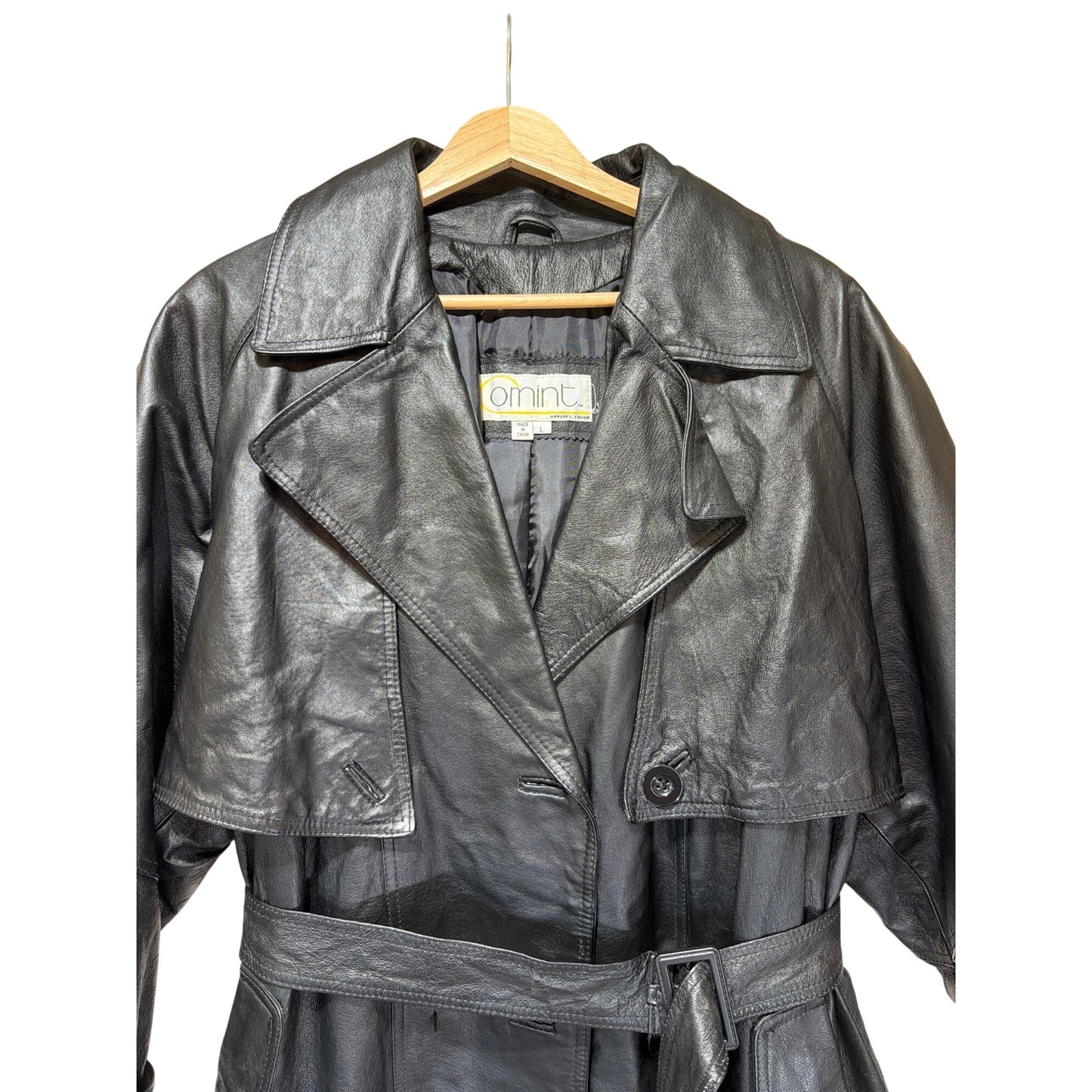 Comint Vintage 80s Belted Long Black Leather Trench Coat L Double Breasted