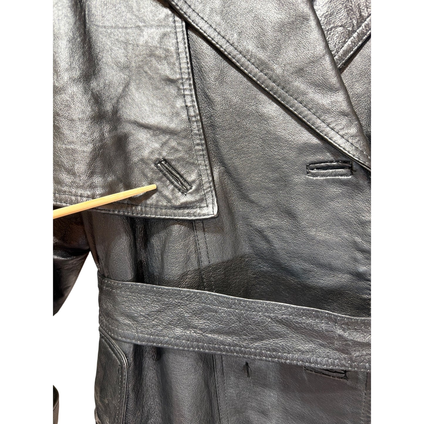 Comint Vintage 80s Belted Long Black Leather Trench Coat L Double Breasted