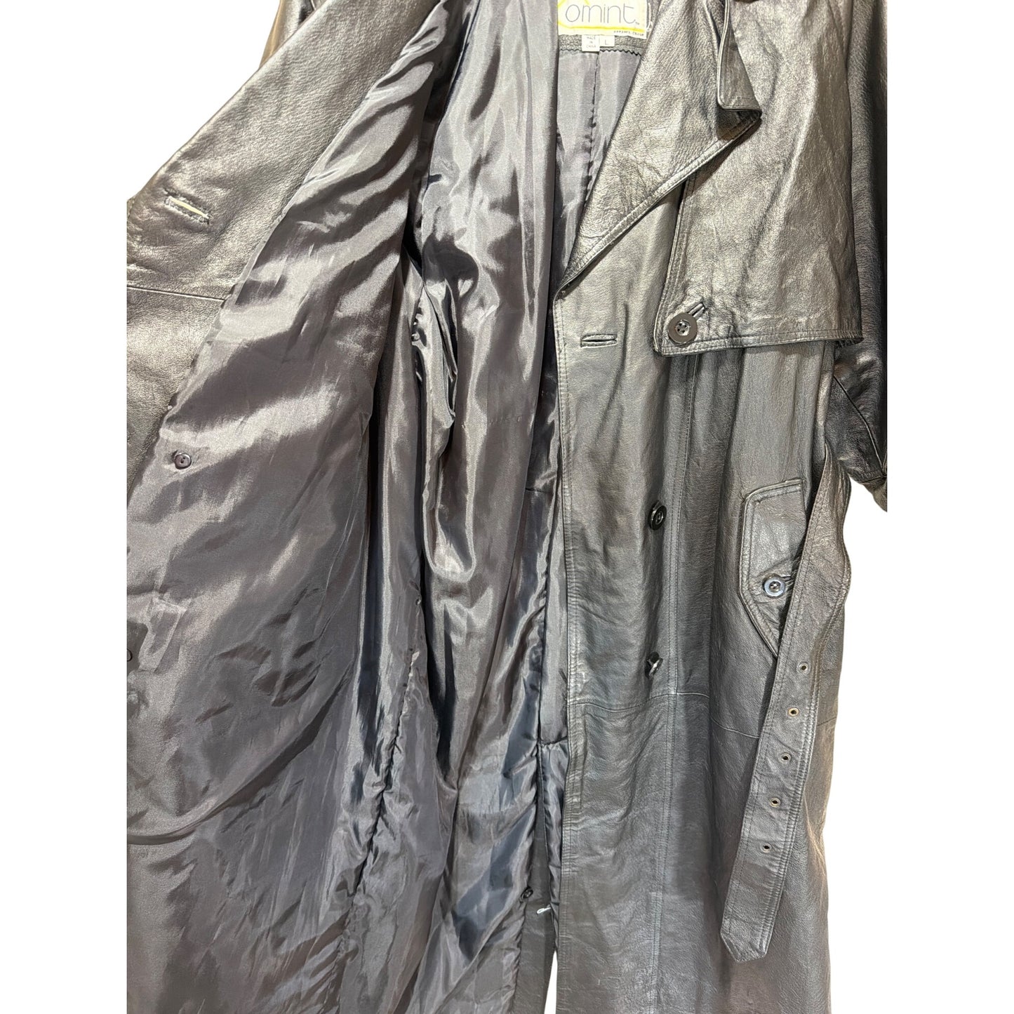 Comint Vintage 80s Belted Long Black Leather Trench Coat L Double Breasted