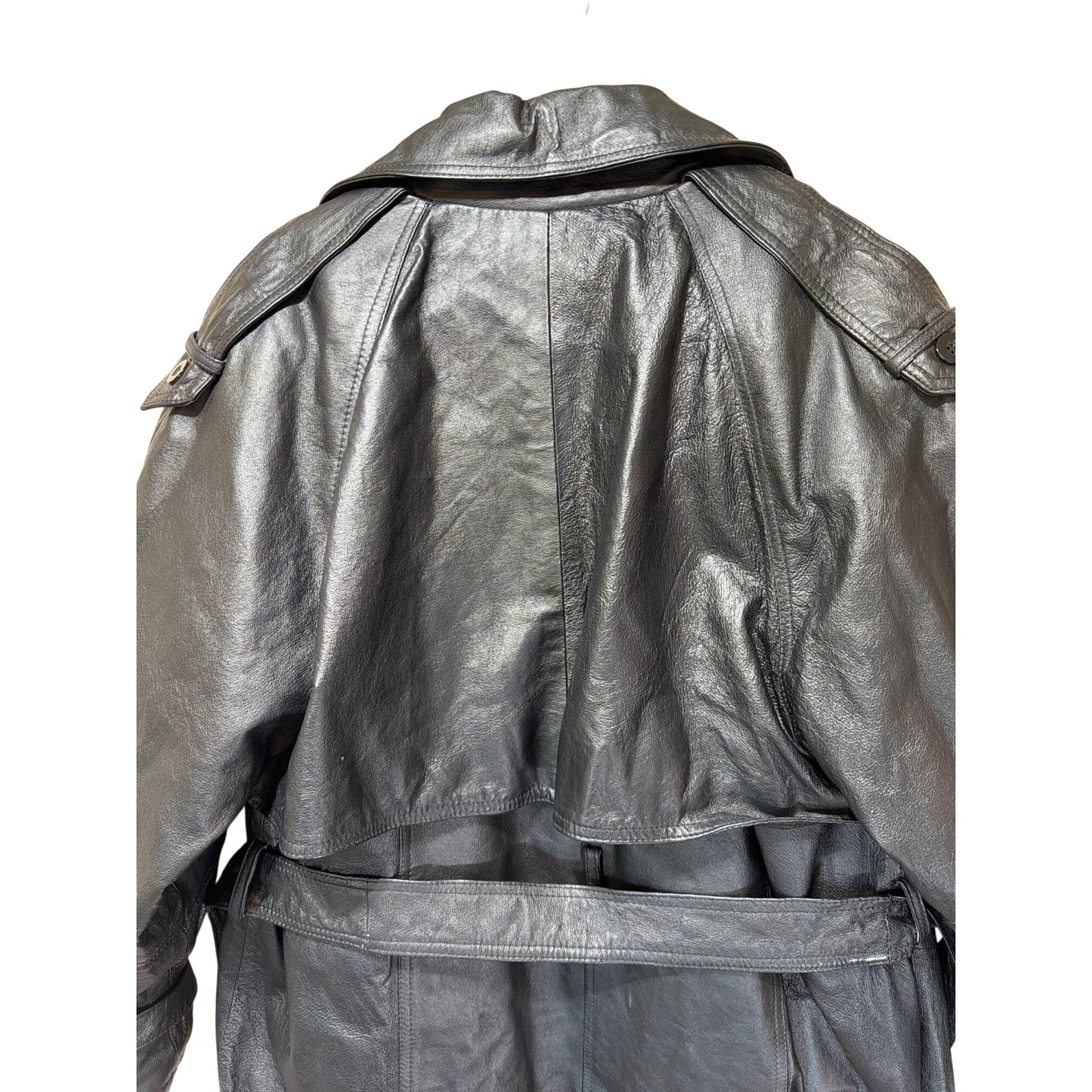 Comint Vintage 80s Belted Long Black Leather Trench Coat L Double Breasted