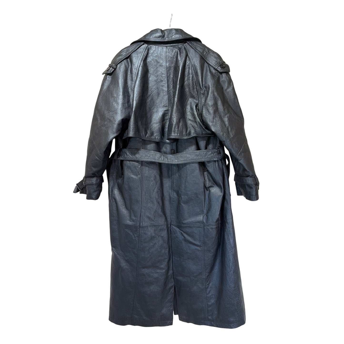 Comint Vintage 80s Belted Long Black Leather Trench Coat L Double Breasted