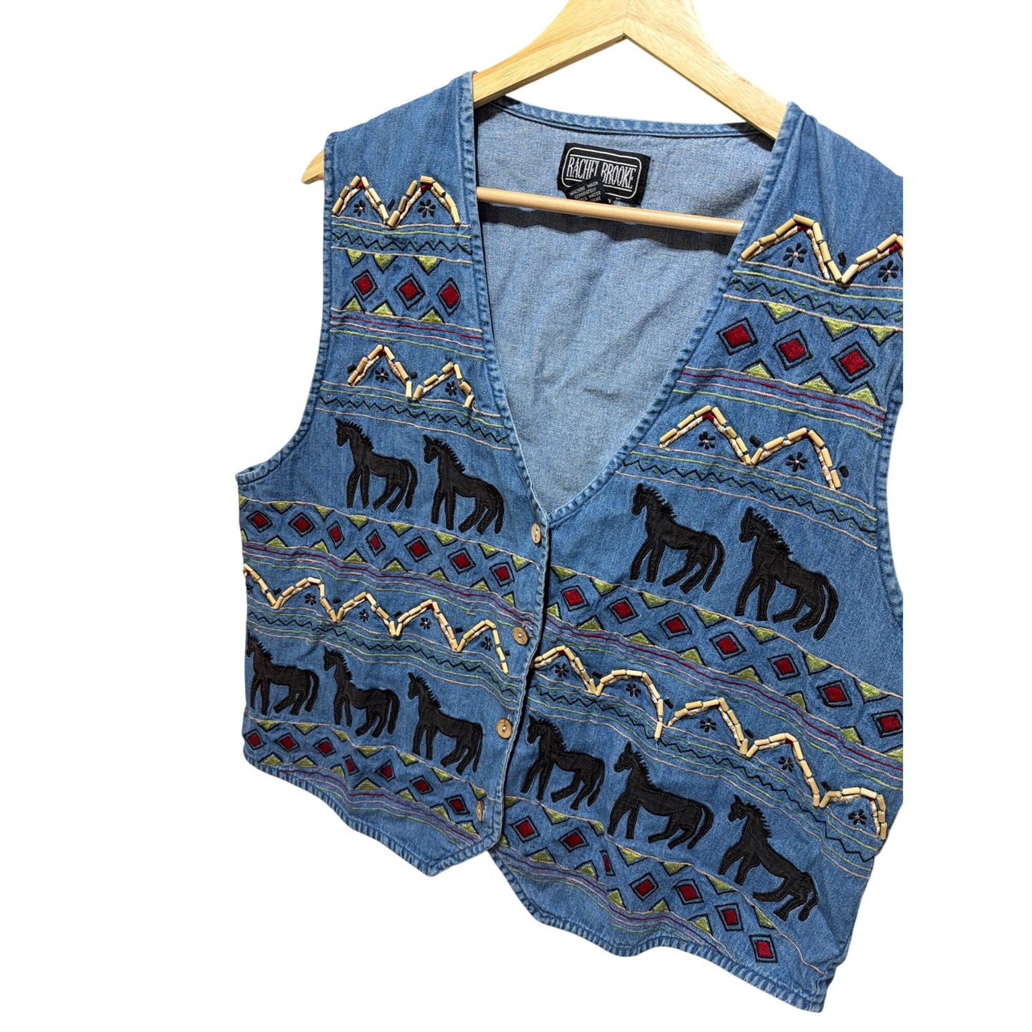 Rachel Brooke Womens XL Denim Vest Embroidered Horse Pattern Beaded Trim Made In India