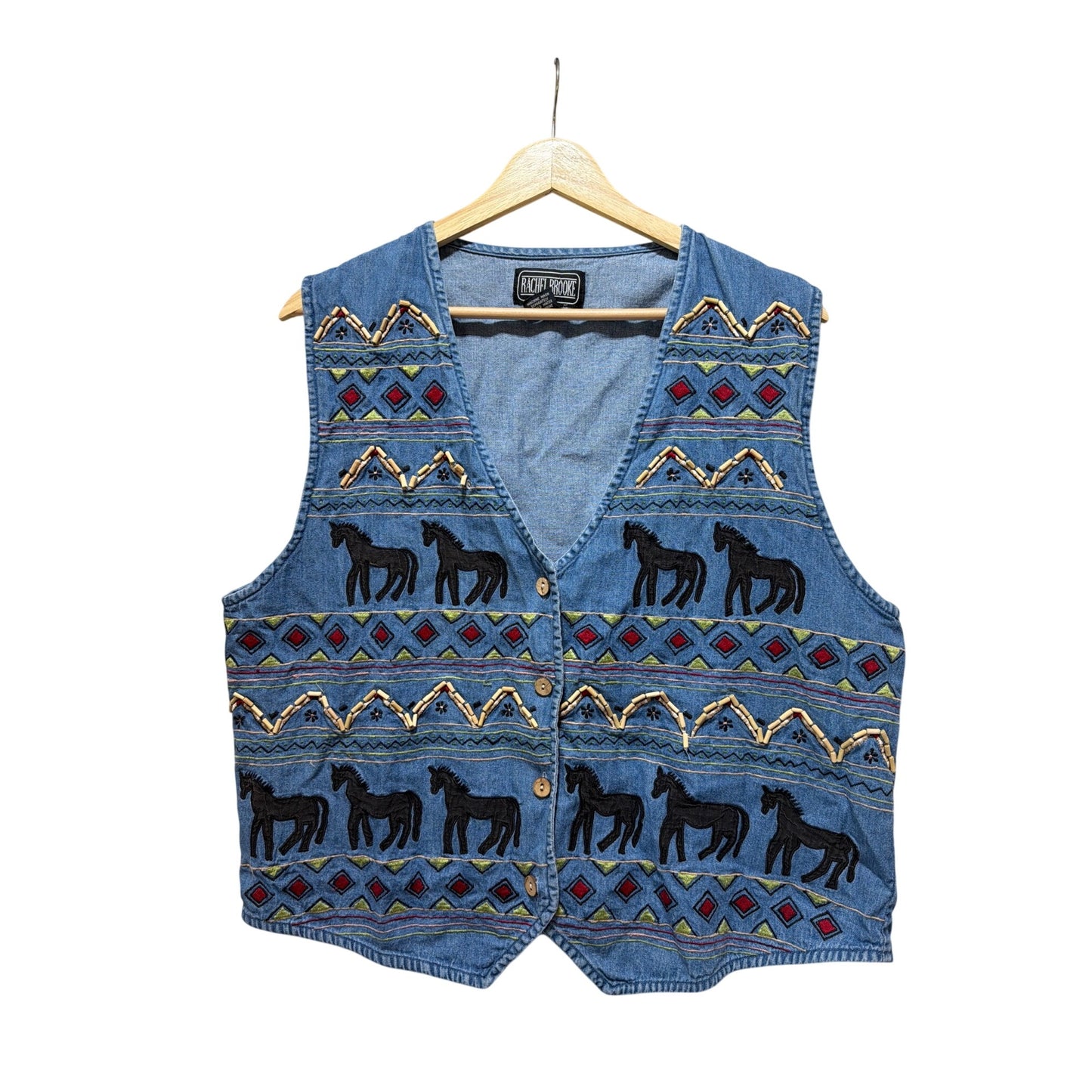 Rachel Brooke Womens XL Denim Vest Embroidered Horse Pattern Beaded Trim Made In India