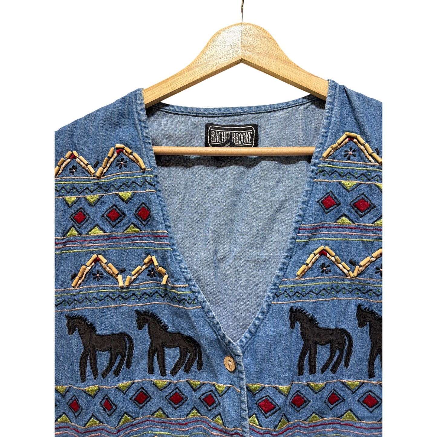Rachel Brooke Womens XL Denim Vest Embroidered Horse Pattern Beaded Trim Made In India