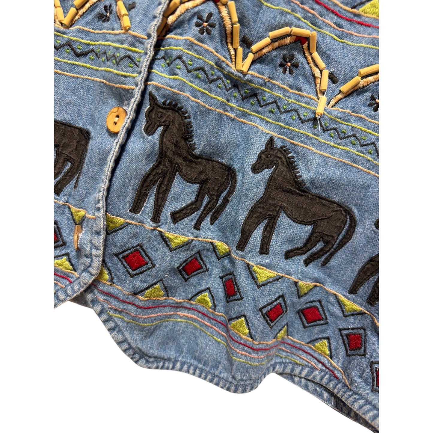 Rachel Brooke Womens XL Denim Vest Embroidered Horse Pattern Beaded Trim Made In India