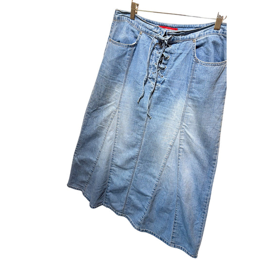 Gloria Vanderbilt Vintage Y2K Womens Blue Denim Lace-Up Front Midi Skirt Size 10
