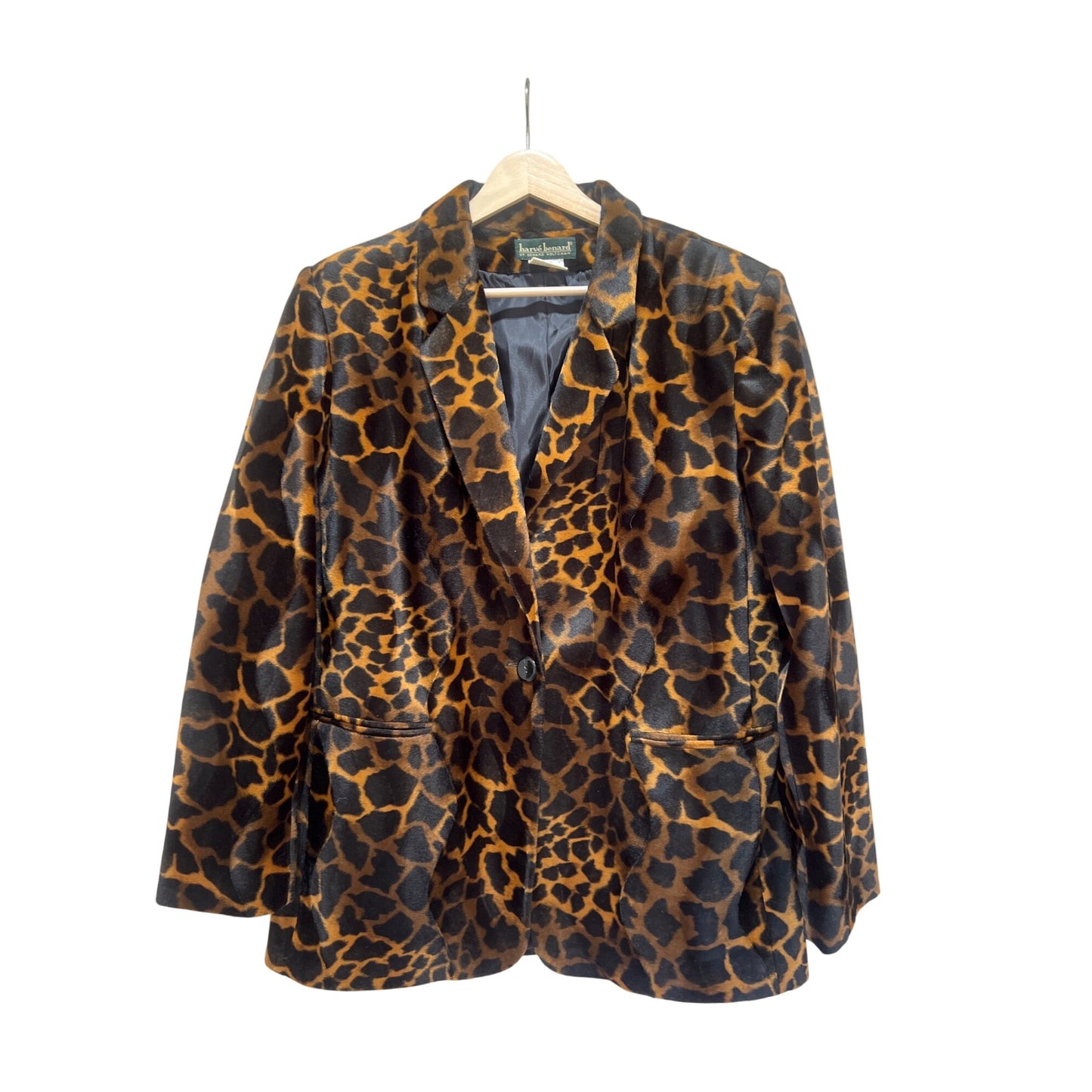 Harvé Benard Leopard Print Velvet Blazer Jacket Size 14 Vintage 90s Faux Fur Lined Women’s Animal Print Coat