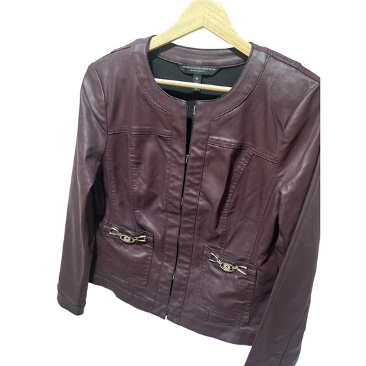 White House Black Market Burgundy Coated Stylist Jacket With Gold Accents Size 10 Zip Front Long Sleeves Modal Blend