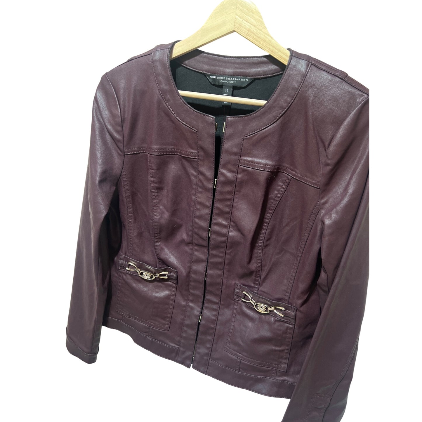White House Black Market Burgundy Coated Stylist Jacket With Gold Accents Size 10 Zip Front Long Sleeves Modal Blend