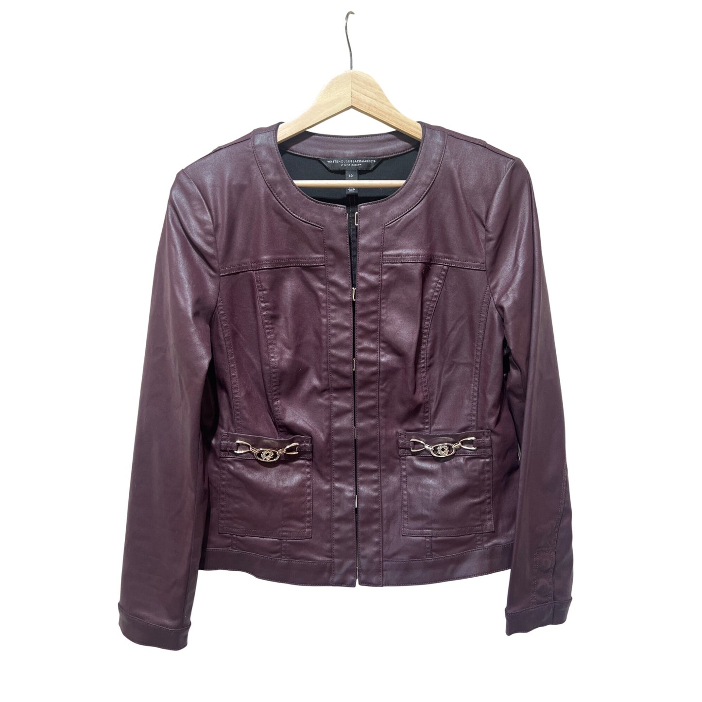White House Black Market Burgundy Coated Stylist Jacket With Gold Accents Size 10 Zip Front Long Sleeves Modal Blend