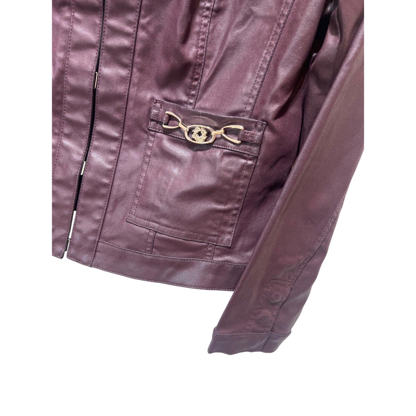 White House Black Market Burgundy Coated Stylist Jacket With Gold Accents Size 10 Zip Front Long Sleeves Modal Blend