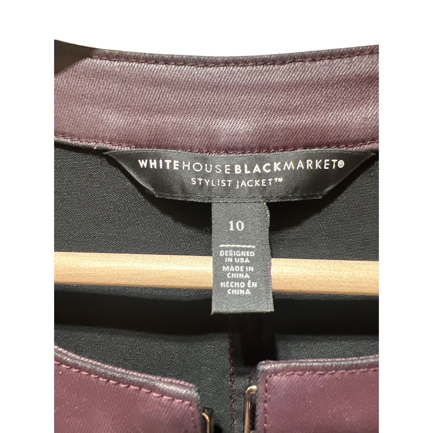 White House Black Market Burgundy Coated Stylist Jacket With Gold Accents Size 10 Zip Front Long Sleeves Modal Blend