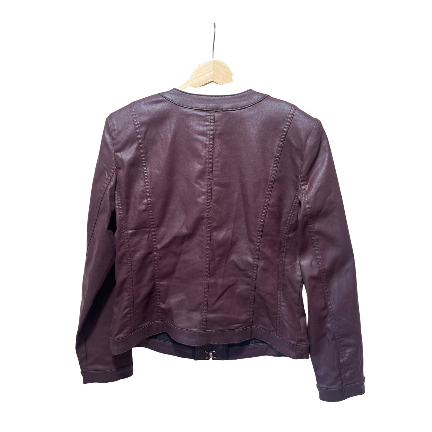White House Black Market Burgundy Coated Stylist Jacket With Gold Accents Size 10 Zip Front Long Sleeves Modal Blend
