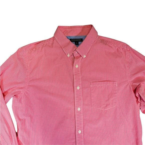 Banana Republic Soft Wash Tailored Slim Fit Pink Gingham Button Down Shirt