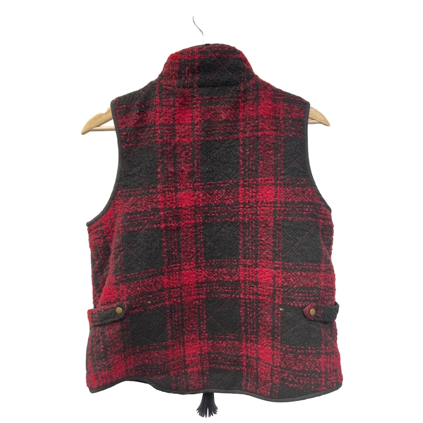 Unbranded Red and Black Plaid Quilted Vest with Faux Leather Tassel