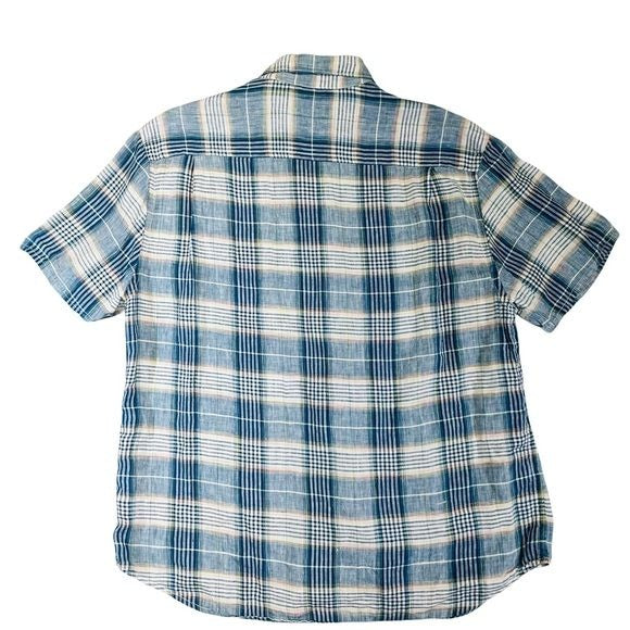Tommy Bahama 100% Linen Short Sleeve Button Down Blue Plaid Shirt