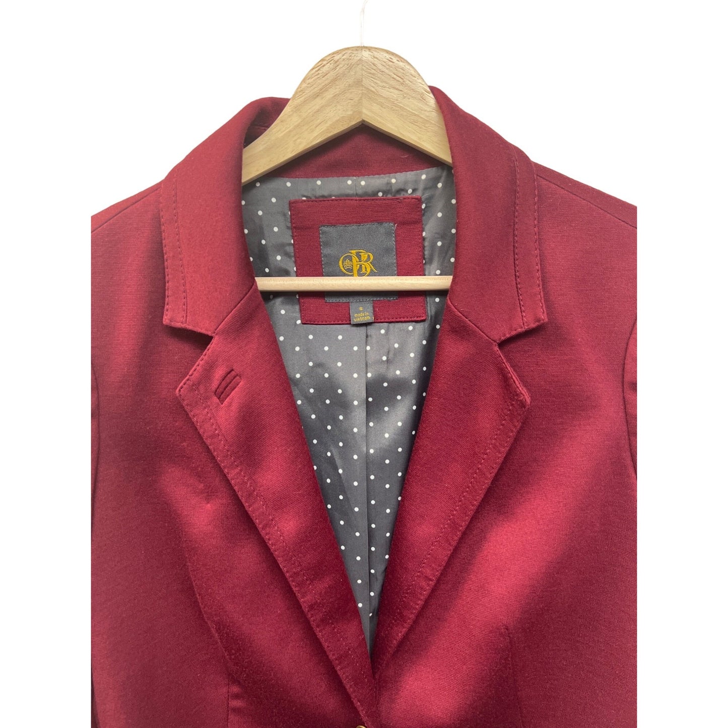 The Limited OBR Wine Red Single Button Blazer with Polka Dot Lining