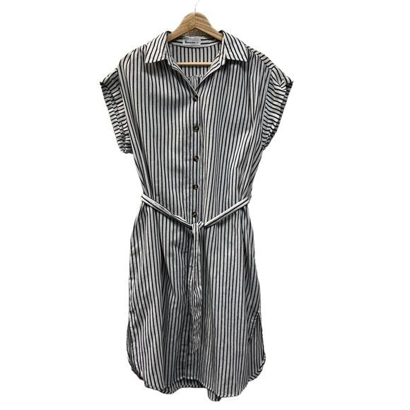 Vernacular Striped Short Sleeve Button Down Shirt Dress