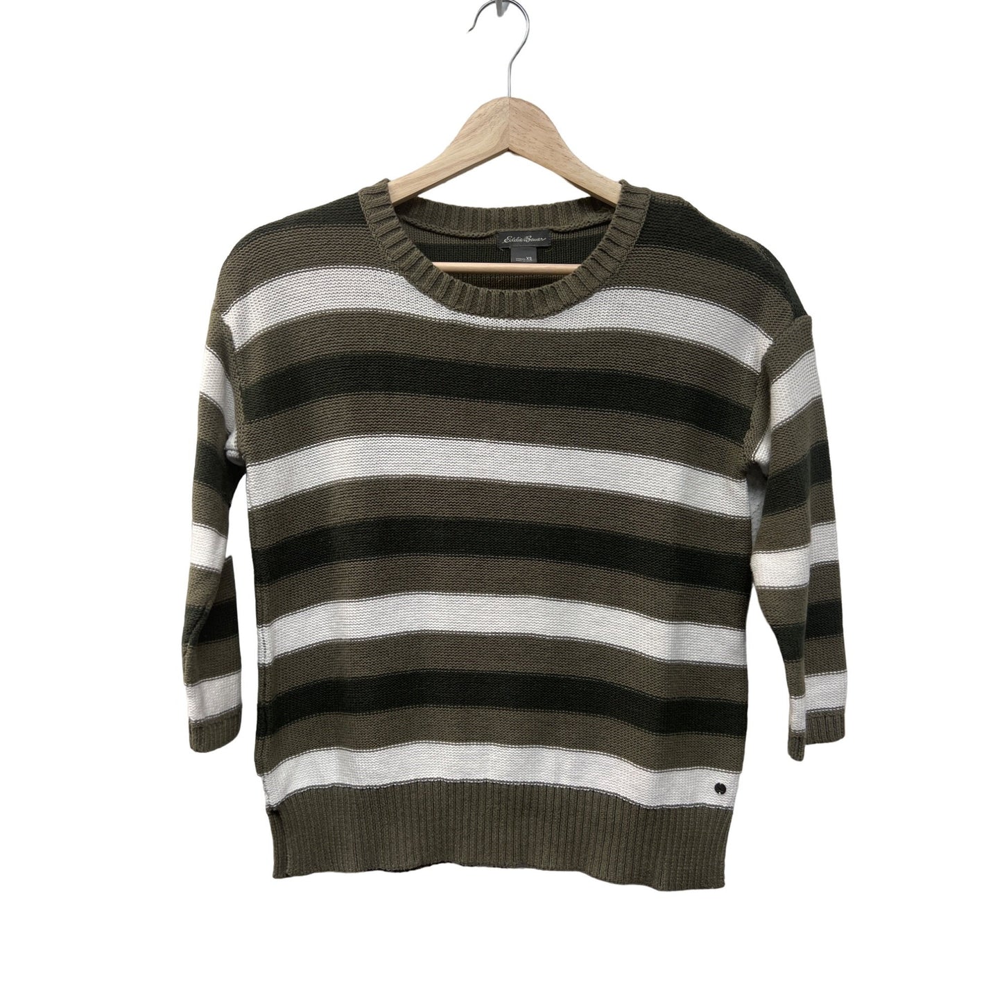 Eddie Bauer Green and White Striped Crewneck Sweater