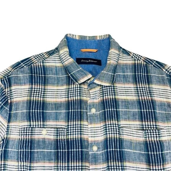 Tommy Bahama 100% Linen Short Sleeve Button Down Blue Plaid Shirt