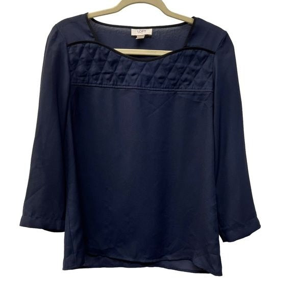 Loft Almost Sheer Navy Blue Blouse with Black Trim and Quilted Detail
