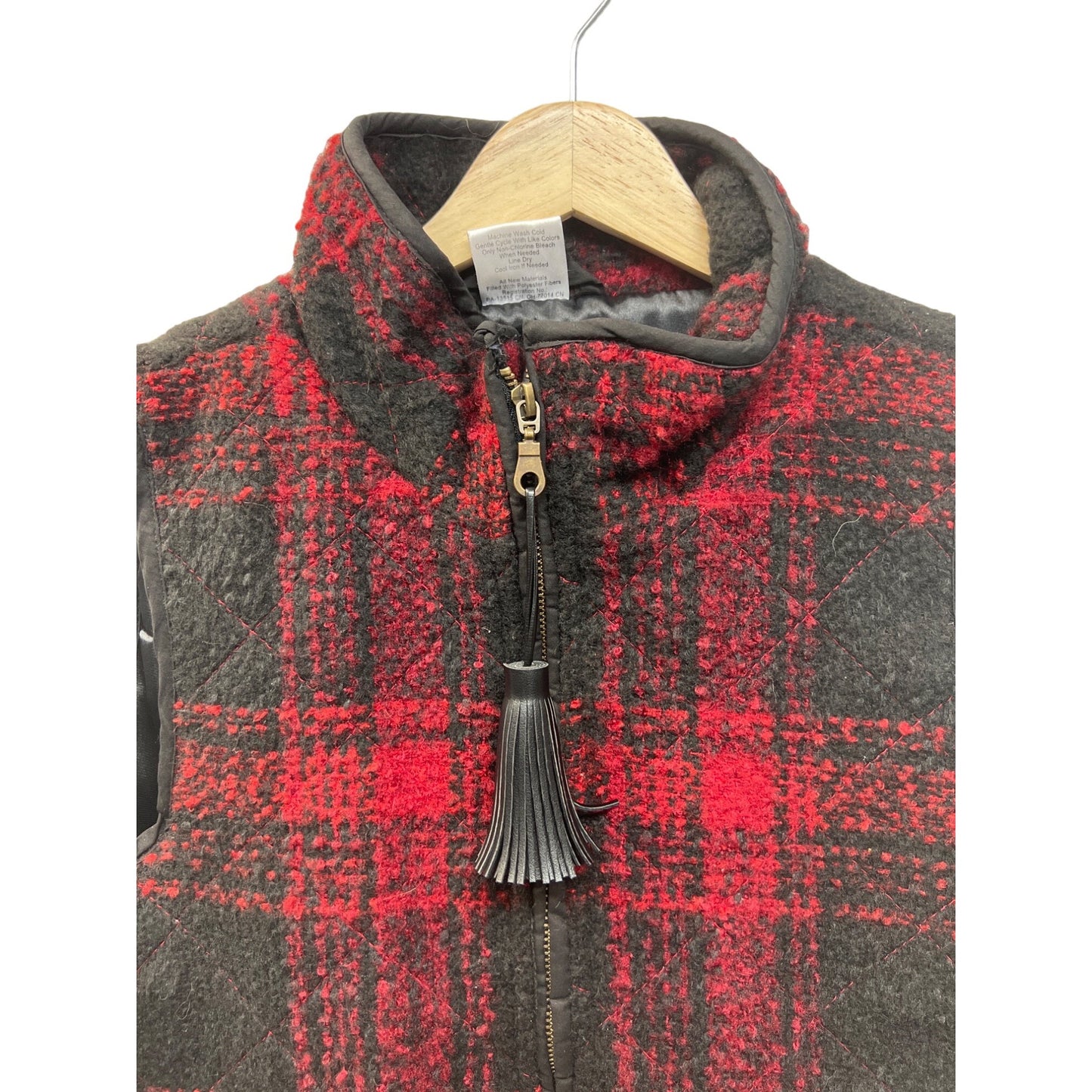 Unbranded Red and Black Plaid Quilted Vest with Faux Leather Tassel