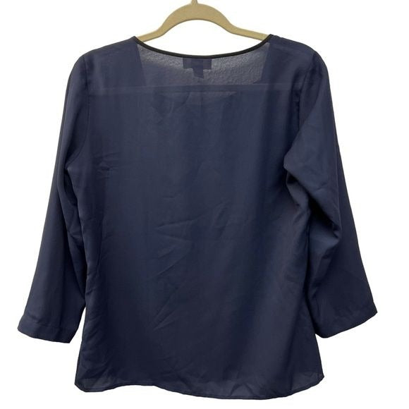Loft Almost Sheer Navy Blue Blouse with Black Trim and Quilted Detail